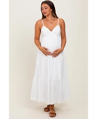 Pinkblush Maternity White Crochet Flare Smocked Maxi Dress