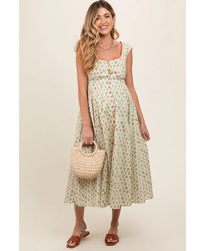 Pinkblush Maternity Cream Floral Button Front Sleeveless Maxi Dress