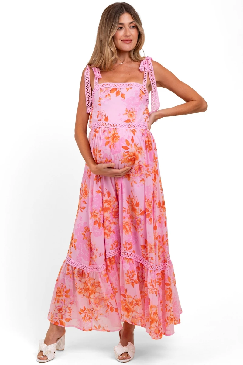 Pinkblush Maternity Pink Floral Shoulder Tie Tiered Maxi Dress