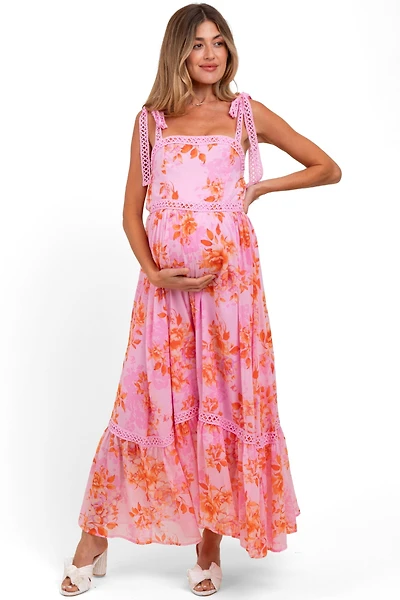 Pinkblush Maternity Pink Floral Shoulder Tie Tiered Maxi Dress