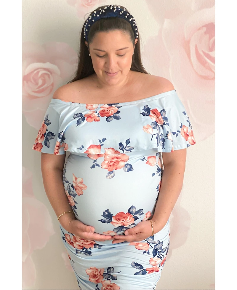 Pinkblush Maternity Light Blue Rose Print Ruffle Fitted Dress