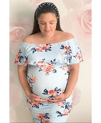 Pinkblush Maternity Light Blue Rose Print Ruffle Fitted Dress