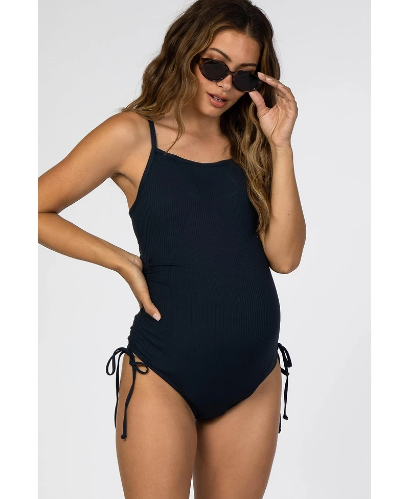 Pinkblush Maternity Navy Ribbed Side Tie One-Piece Swimsuit