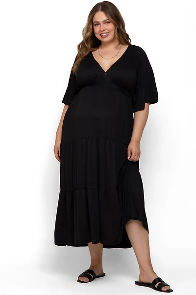 Pinkblush Plus Size Black Deep V-Neck Tiered Maxi Dress