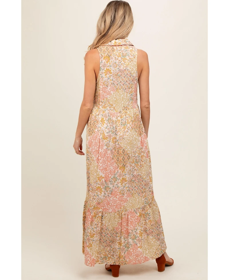 Pinkblush Maternity Peach Floral Sleeveless Button Tiered Collared Maxi Dress