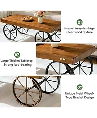 Tribesigns Solid Wood Coffee Table for Living Room, 47.2" Industrial Center Table with Live Edge Tabletop and Metal Wheel Legs