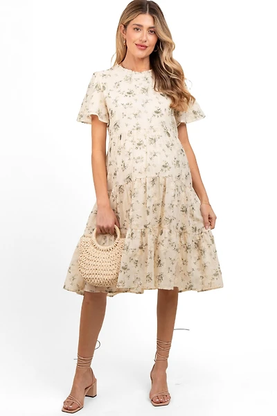 Pinkblush Maternity Cream Floral Print Eyelet Lace Dress