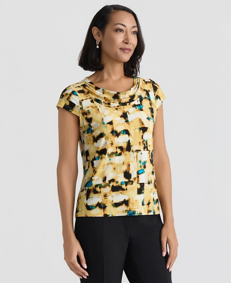 Kasper Women's Printed Short-Sleeve Cowlneck Top, Regular & Petite