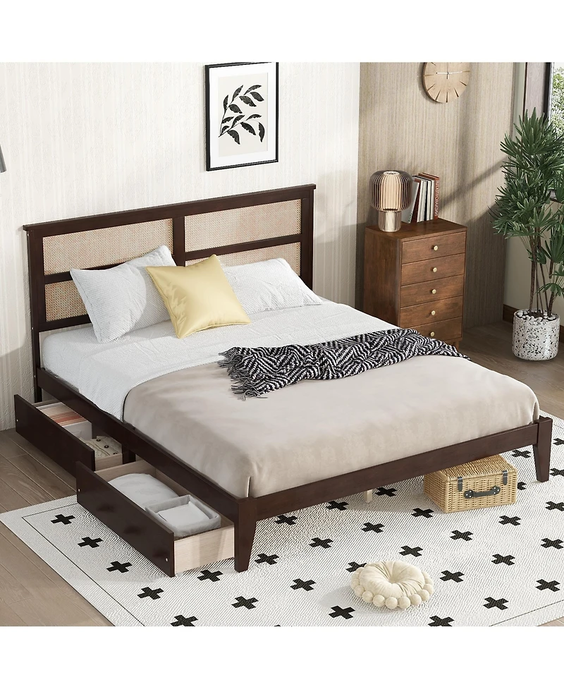 Sailvan Bed with Rattan Headboard, 2 Drawers