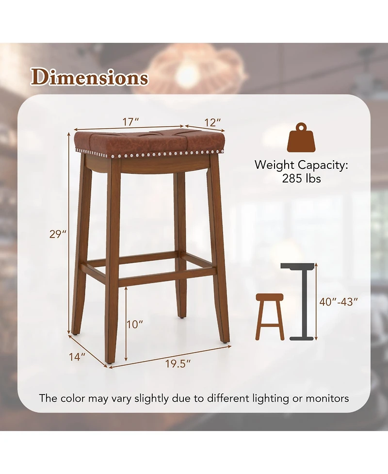 Sugift 29 Inch Set of 2 Upholstered Pu Leather Bar Stools with Saddle Seat