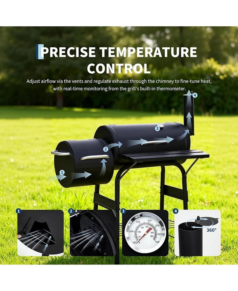 Xo Charcoal Grill with Offset Smoker, Barrel Bbq Smoker Combo with Wheels for Patio Camping Party