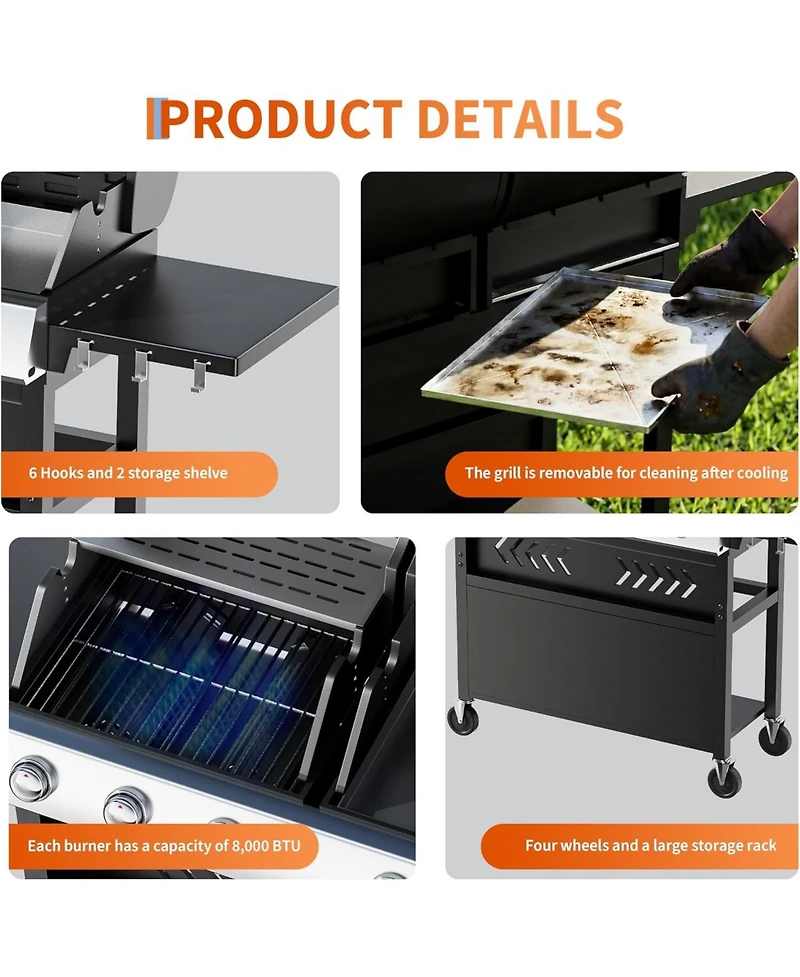 Xo 5-Burner Propane Gas Griddle Grill Combo, 40,000 Btu Stainless Steel Bbq for Backyard Kitchen