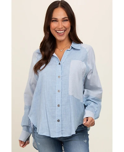 Pinkblush Maternity Light Blue Striped Colorblock Button Up Top