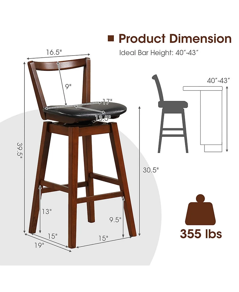 Gymax Swivel Bar Height Bar Stool Set of 4 30.5'' Upholstered Pu Leather Kitchen