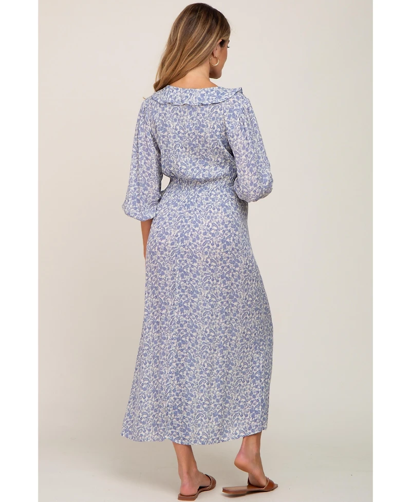 Pinkblush Maternity Blue Floral Ruffle V-Neck Midi Dress