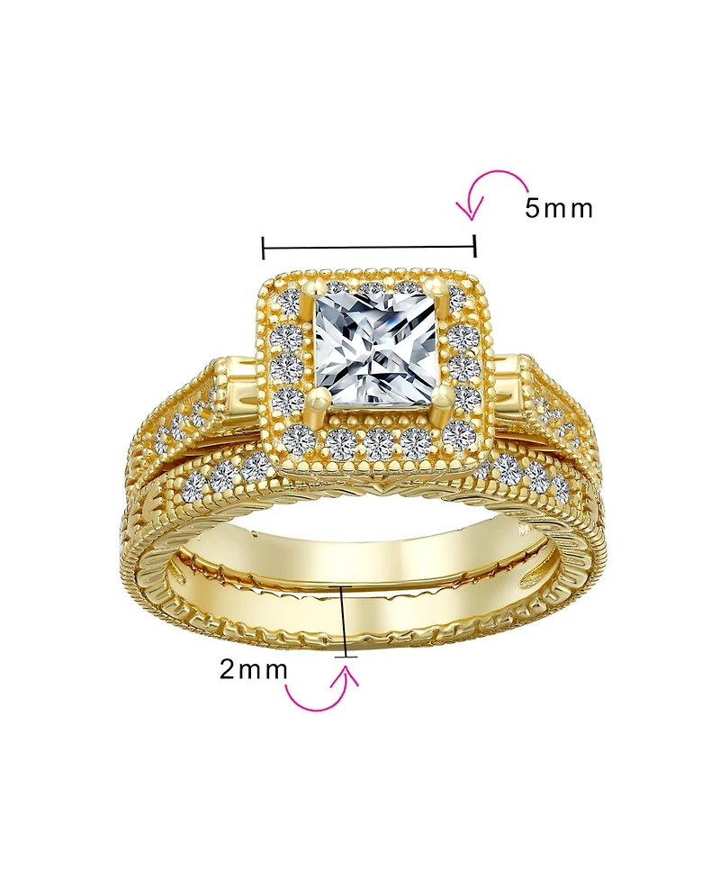 Bling Jewelry Art Deco Style Cubic Zirconia Halo Cz Square Princess Cut Solitaire Ring Set with Band Sterling Silver