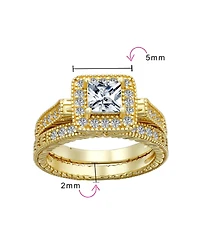 Bling Jewelry Art Deco Style Cubic Zirconia Halo Cz Square Princess Cut Solitaire Ring Set with Band Sterling Silver