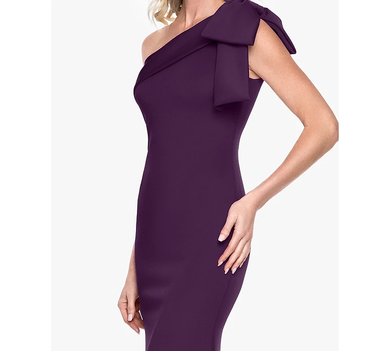 B&A By Betsy and Adam Women's One-Shoulder Bow Scuba Long Dress