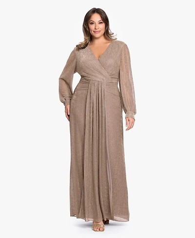 Betsy & Adam Plus V-Neck Lurex Knit Ball Gown