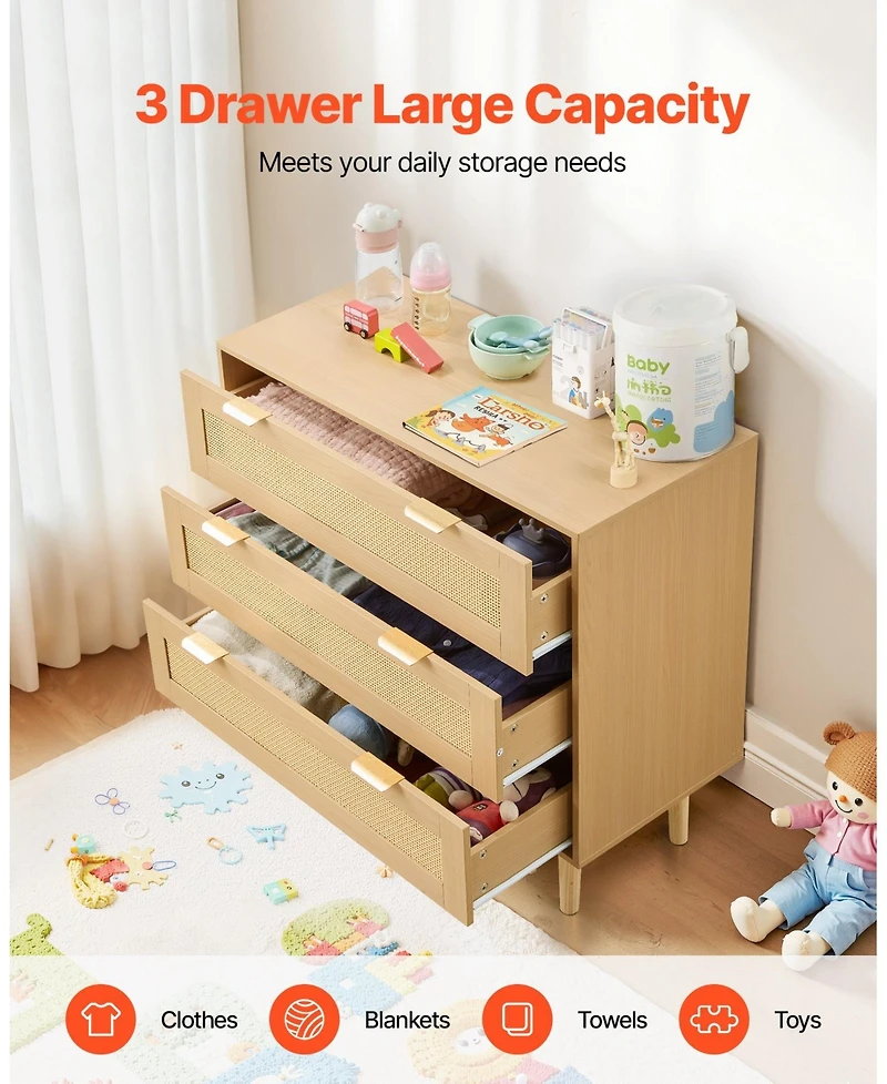 Gouun Drawer Rattan Dresser with Metal Handles and Wooden Legs
