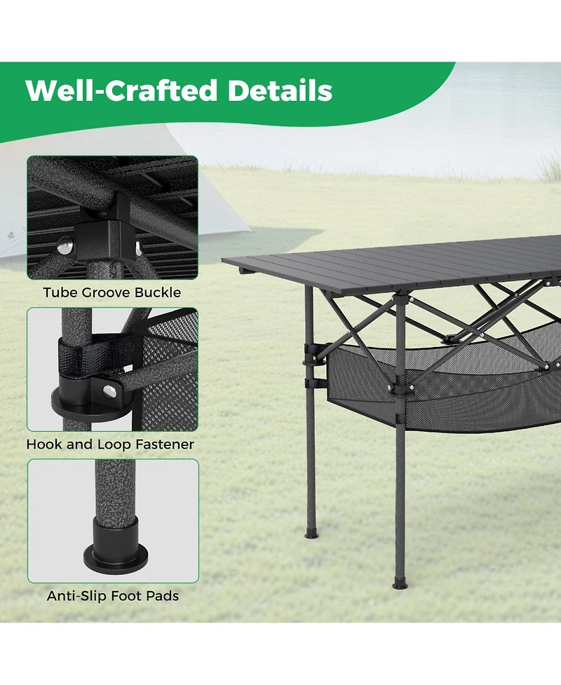 Sugift Patio Folding Camping Table with Roll-up Tabletop and Mesh Basket