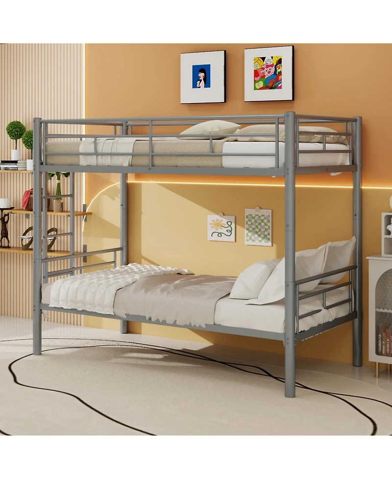 Rainsken Metal Bunk Bed Twin Over Twin, Structure Bedframe, with Ladder and Full-Length Guardrail, Noise Free, No Spring Box Required