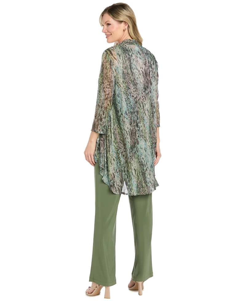 R & M Richards Women's 3 Piece Animal Print Metallic Crinkle Duster Pantsuit