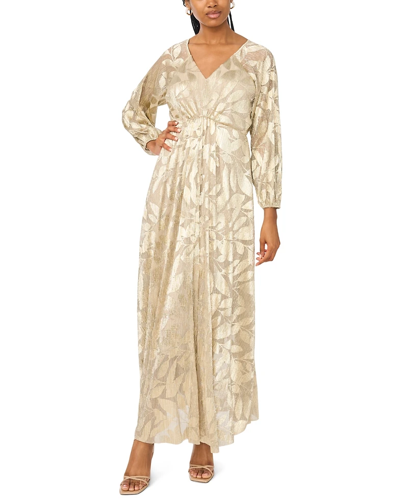 Msk Women's Floral Shimmer Foil Detail V-Neck Gown