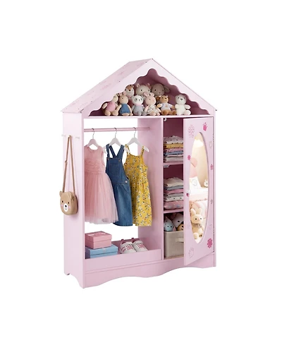 Slickblue Mirror Roof Kids Wardrobe Closet with Open Hanging Rack