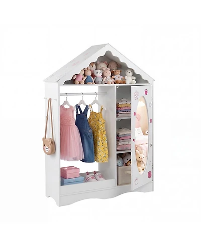 Slickblue Mirror Roof Kids Wardrobe Closet with Open Hanging Rack