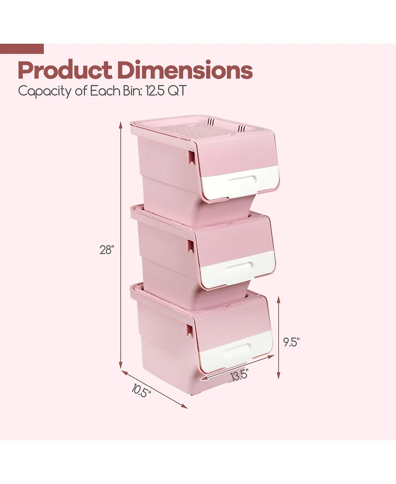 Sugift 3-Piece Stackable Plastic Storage Bins with Stay-Open Lids and Wheels