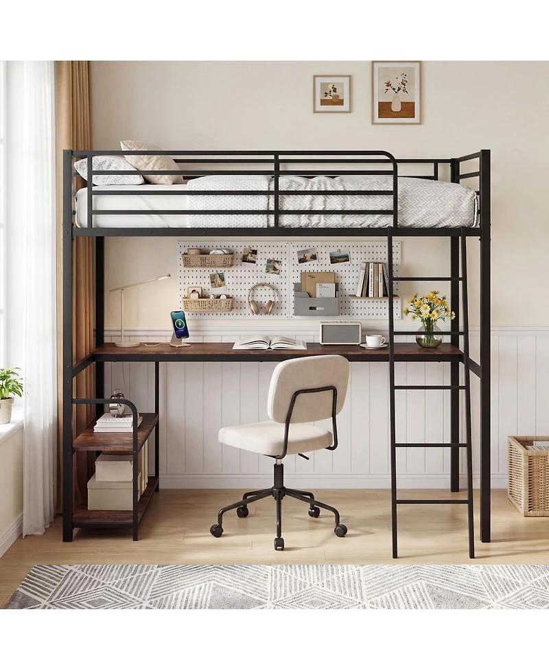 Costway Loft Bed with Desk and Shelves, Heavy Duty Bed Frame with Charging Station