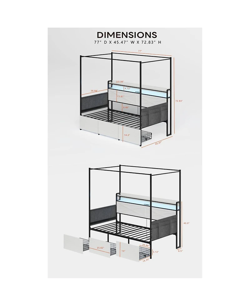 Streamdale Furniture Modern Bed with Storage, Led, and Charging Station