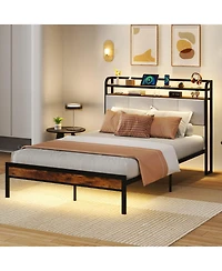 Gymax Full Size Bed Frame Led Light and Charging Station Heavy Duty Metal Platform Bed