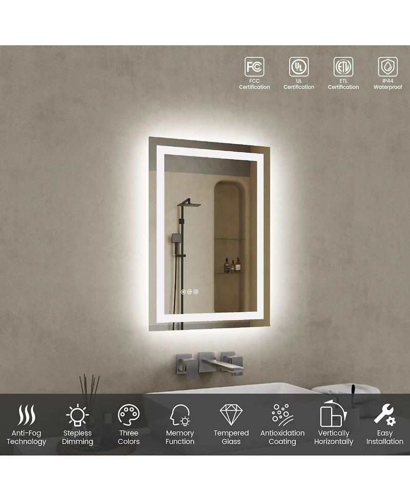 Rainsken 20"28" Led Bathroom Mirror, Anti-fog Vanity Mirror with Front-Lit and Back-Lit, Stepless Dimmable, Shatter-Proof Make Up Mirror
