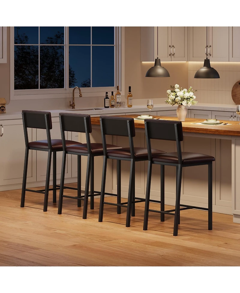 homfan Set of 4 Bar Stools with Backrest - Upholstered Pu Leather, Thick Metal Legs, Footrest