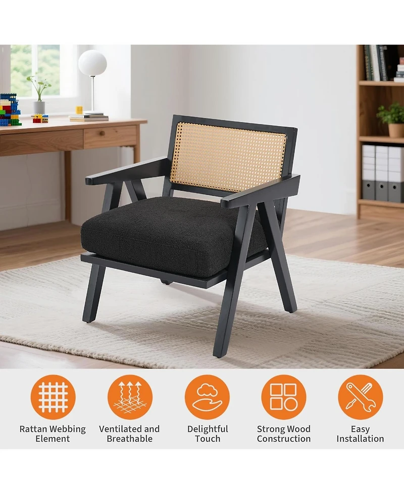 gaomon Mid Century Modern Accent Chair, Comfy Living Room Chairs with Sturdy Wood Legs, Rattan Backrest Thick Linen Cushion