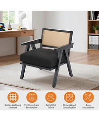 gaomon Mid Century Modern Accent Chair, Comfy Living Room Chairs with Sturdy Wood Legs, Rattan Backrest Thick Linen Cushion
