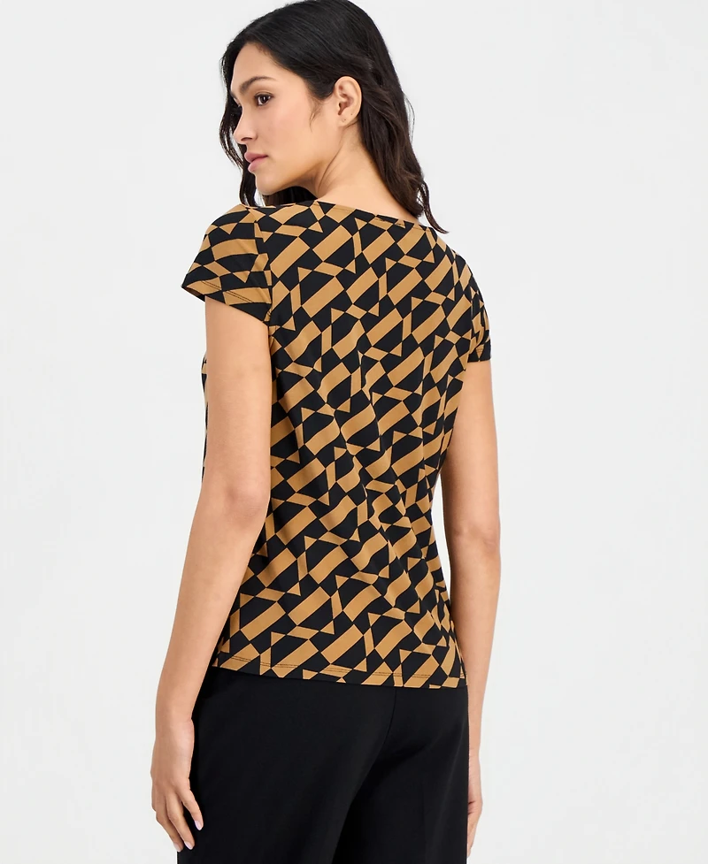 Anne Klein Essentials Petite Pleat Neck Keyhole Printed Blouse