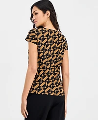 Anne Klein Essentials Petite Pleat Neck Keyhole Printed Blouse