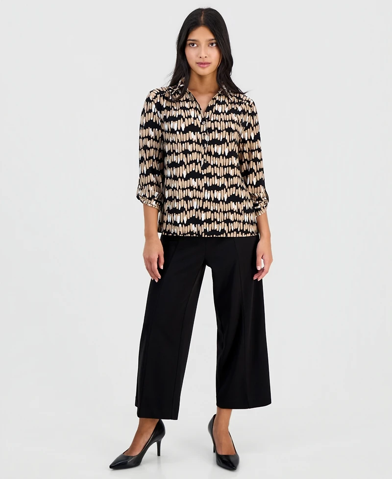 Anne Klein Essentials Petite Printed Collared 3/4-Sleeve Top