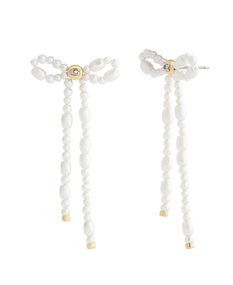 Coach Faux Imitation Pearl Bow Drop Earrings