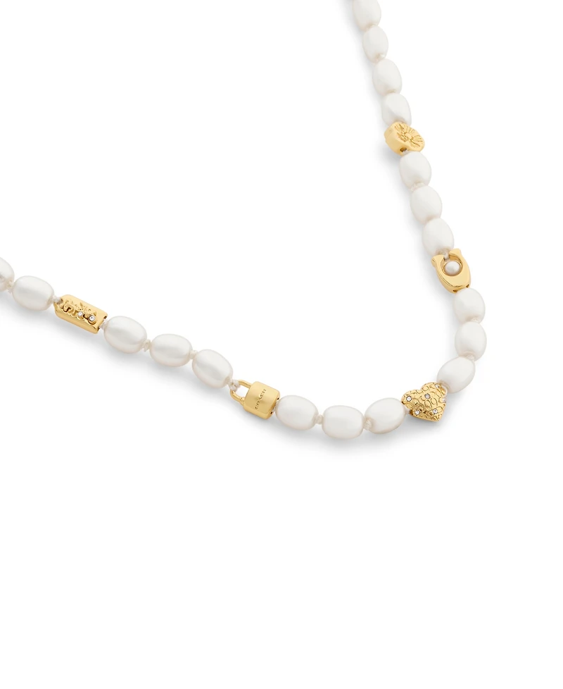 Coach Faux Imitation Pearl Iconic Signature Charm Strand Necklace