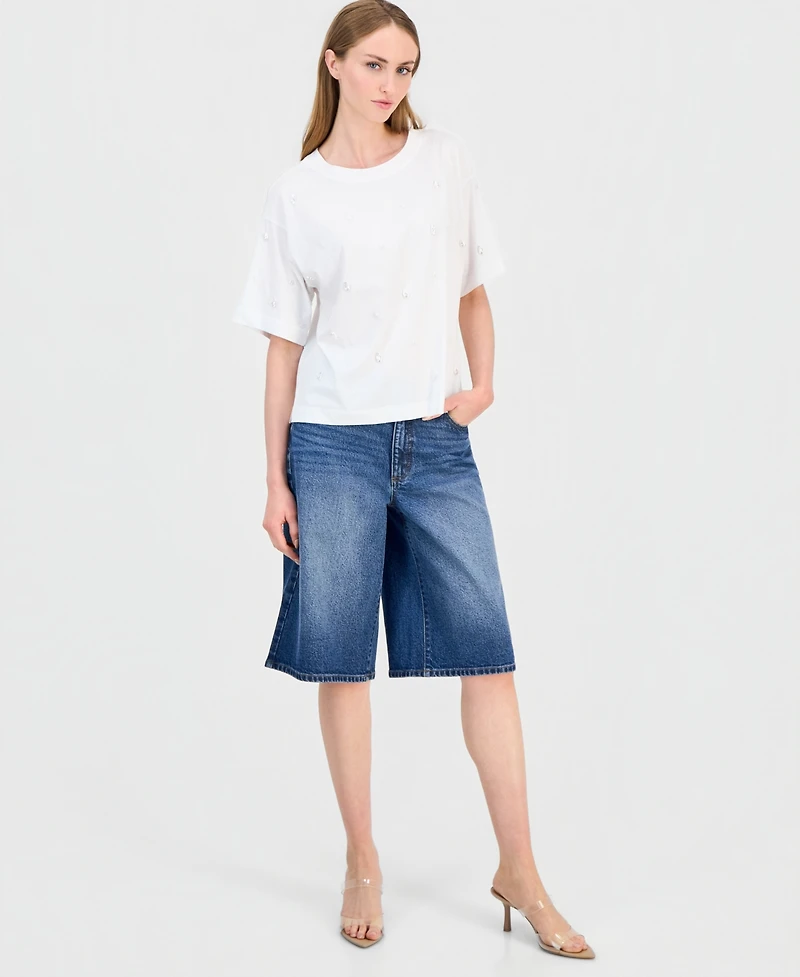 I.n.c. International Concepts Women's Imitation Pearl Embellished Short Sleeve T-Shirt, Macy's Exclusive