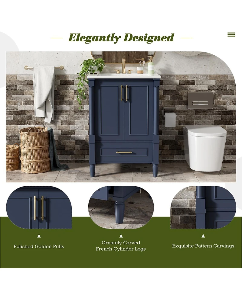 Sillysis 24 Inch Bathroom Vanity with Sink, Modern French Leg Cabinet, Adjustable Shelf and Soft Close Drawer for Small