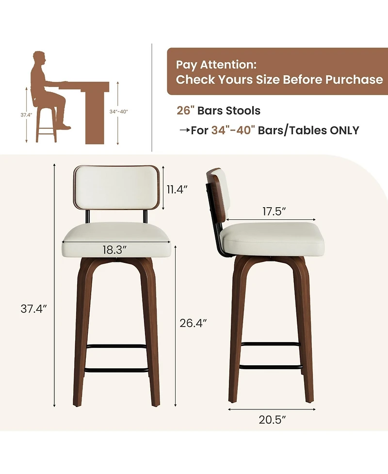 homfan Swivel Bar Stools Set of 4, Upholstered Counter Height with Back and Walnut Wood Legs, Mid Century Stools for Kitchen Counter, Faux Leather