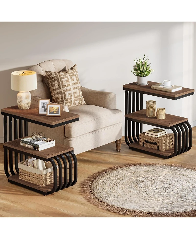 Tribesigns End Table Set of 2, Narrow Side or Bedside Table, 3-Tier Accent with Metal Frame