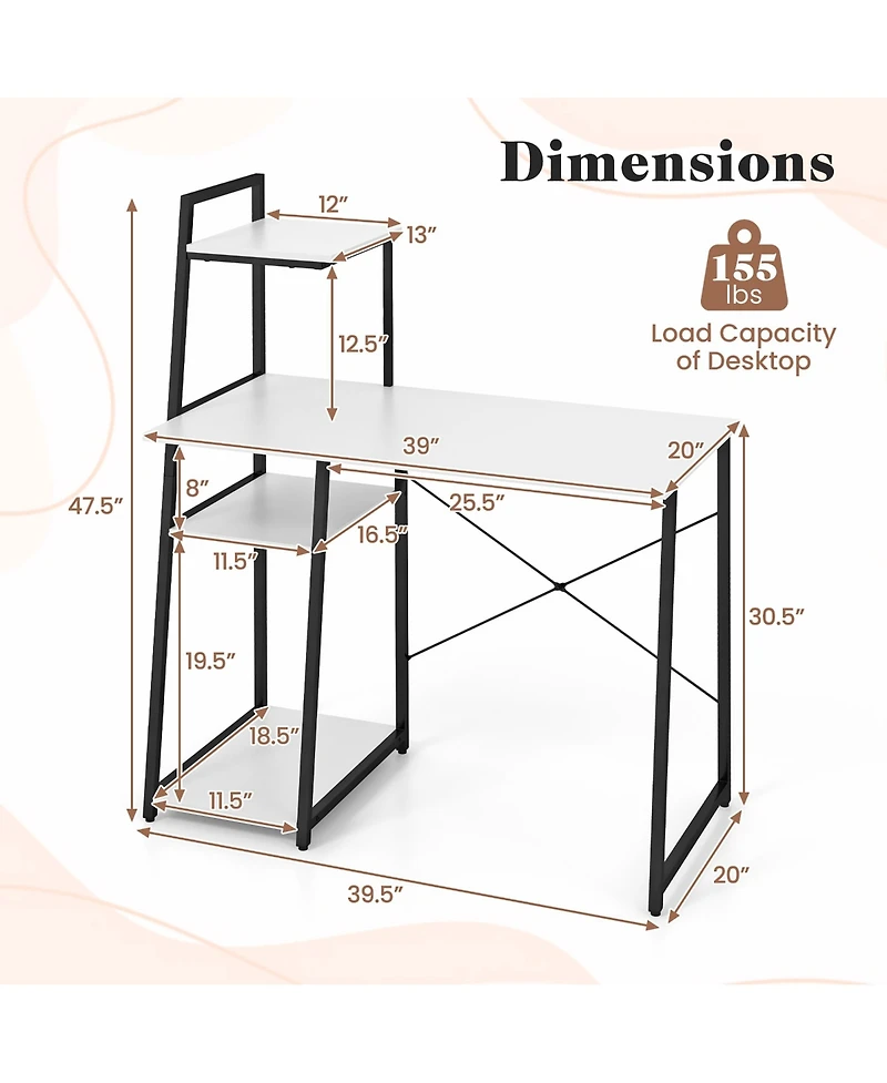 Gymax Computer Desk w/ Shelves 3-Tier Storage Bookshelf Ladder-shaped Metal Frame