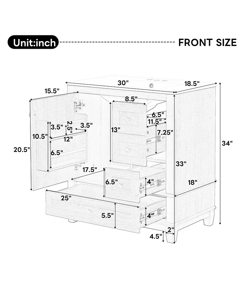 Sillysis Bathroom Vanity with Ceramic Sink, Wood Grain Solid Wood and Mdf Cabinet, Soft Close Drawers for Compact Bathroom