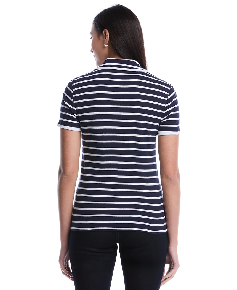 Rafaella Women's Petite Striped Contrast Trim Johnny Collar Short Sleeve Polo Shirt